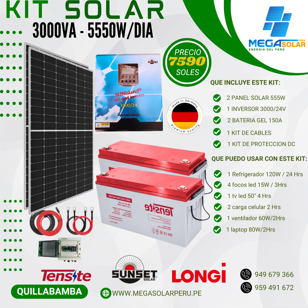 17 Kit Solar gel Hibrido 24/3000va SunIsland 5550w/dia - Imagen 1